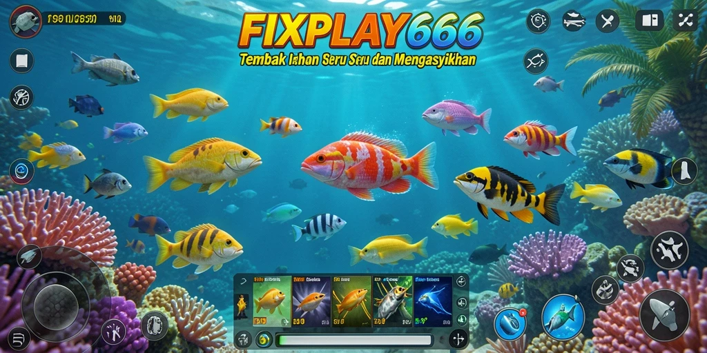 Tampilan gameplay FIXPLAY666 saat menembak ikan yang berwarna-warni.