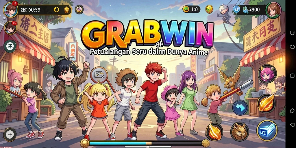 Tampilan gameplay seru dalam GRABWIN dengan karakter anime menarik.