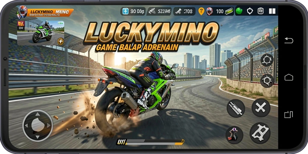 Tangkapan layar LUCKYMINO yang menunjukkan aksi balapan motor yang seru.