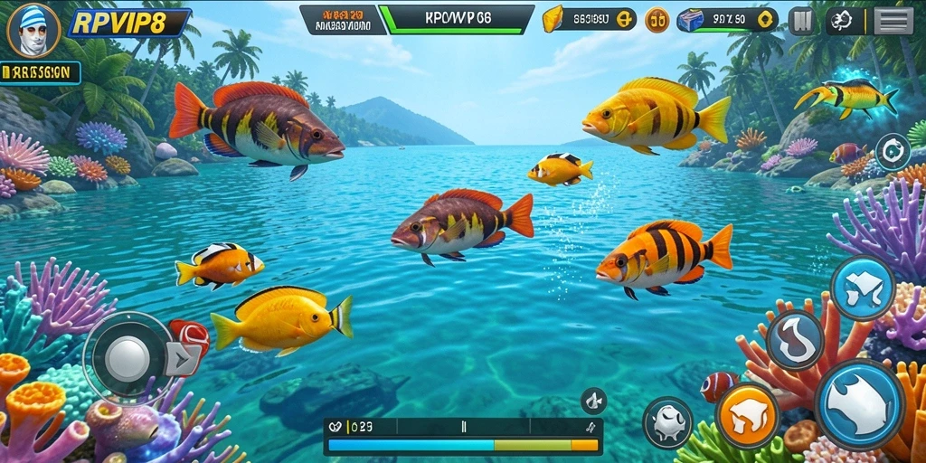 Screenshot gameplay RPVIP8 dengan aksi menembak ikan.